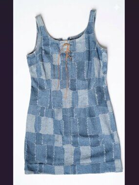 Y2K Patchwork Denim Dress Size Medium 100% Cotton Lace Up Tie Front TRUE BLUE